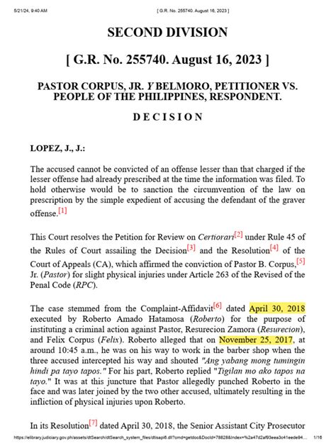 (G.R. No. 255740. August 16, 2023) Pastor Corpuz Vs People.
